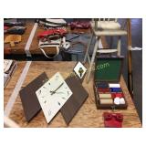 Doll high chair, poker chips, clock, misc