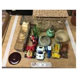 Basket of knitting items, toys, misc