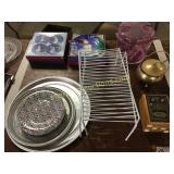 Bank, xmas plates, ice bucket, misc