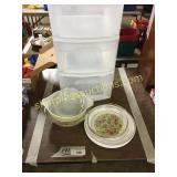 Plastic container, bowls, plates