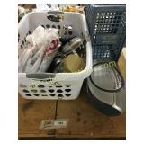 Sony boombox, crate, pots, pans, misc