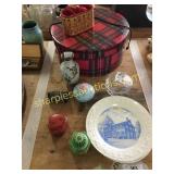 Glass containers, vase, hat box, misc