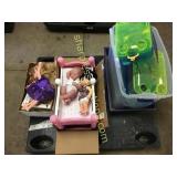 Pallet of animal cage, dolls, books, misc