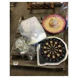 Pallet of dart board, hat, misc