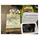 Pallet of electronics, wall art, back pack