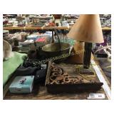 Pot, shelf brackets, camera, lamp, misc