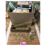 Books, glass knobs, wood box, misc