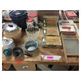Cigar boxes, wash board, pots, misc