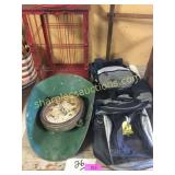 Backpacks, hanging scale, lantern