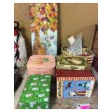 Sewing basket, boxes, print