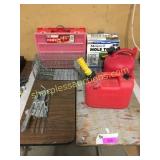 Gas cans, mole/live trap, organizer