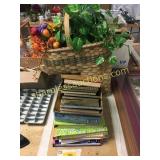 Basket, picture frames, books