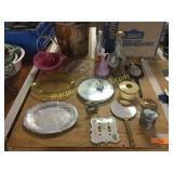 Platters, candlesticks, mirror, misc