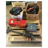 Pallet of clamps, toolbox, drills, tools