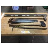 Level, axe, saw, maul, crowbar