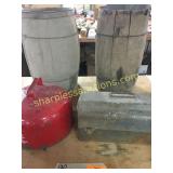 Wood barrels, gas can, tool box