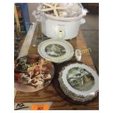 Crock pot, shells, plates