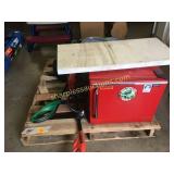 Pallet of mini frig, trimmers, washtub, tools,
