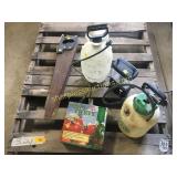 Saws, sprayers, lantern, misc