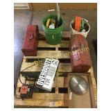 Pallet of blades, toolbox, tools, misc