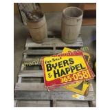 Wooden barrels, signs