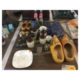 Wooden shoes, mini jugs, glassware, misc