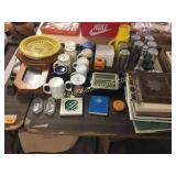 Clock, mugs, books, misc