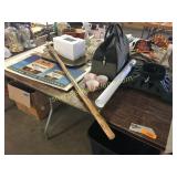 Xmas tree stand, signs, walking stick, misc