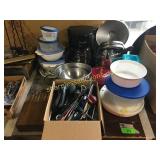 B&D coffee maker, pots/pans, utensils, misc