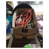 Jumper cables, work light, caulk gun, misc