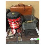 Mirrors, suitcase, tin, basket, misc
