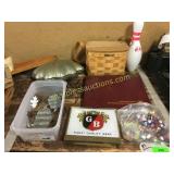 Basket, tin pieces, sign, misc