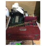 Tool box, Burroughs adding machine, misc