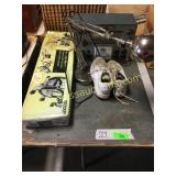 Desk light, bike stand, tube tester, shoes