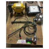 Car/boat chrome spotlight, bench grinder, misc