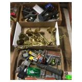 Brass candle holders, tools,
