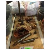 Copper bell, cookie cutter, oil can, misc