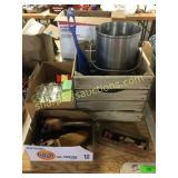 Wood crate, ss bucket, tools, kitchenware, misc