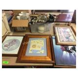 Pictures, vases, glassware, rug