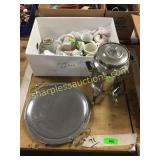 Mugs, coffee maker, tray