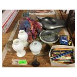 Canning jars, pencils, bedpan, misc