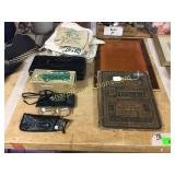 Plaque, book, Ertl car, misc bags