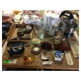 Mixer, coffee maker, glass bottles, misc