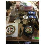 Clock, plate, bottles, misc