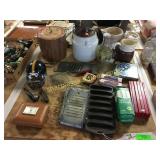 Crock, ice bucket, cornbread pan, shredders, misc