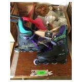 Roller skates, glassware