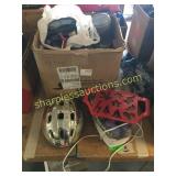 Bike helmet, hair curlers & household items