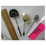 3 antique hat pins