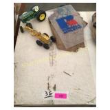 John Deere toy tractor, toy, feed bag, misc