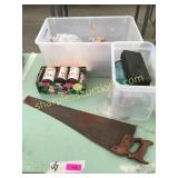 Saw, beer cans, misc